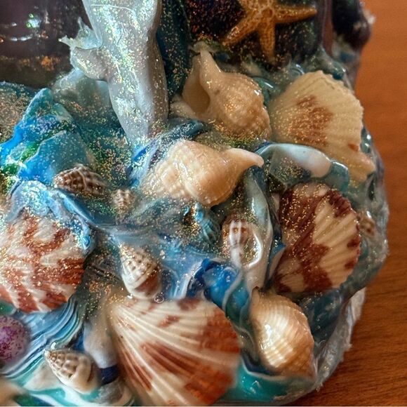 Candies Creations Oceanic Nautical Blue Carved Candle With Seashells Dolphins - Picture 5 of 15